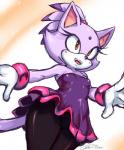 anthro bare_shoulders black_nose blush breasts clothing female fur gem gloves hair handwear open_mouth ponytail purple_body purple_fur purple_hair small_breasts smile solo white_body white_fur yellow_eyes soina sega sonic_the_hedgehog_(series) blaze_the_cat domestic_cat felid feline felis mammal 2017 signature