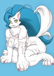 alternate_species anthro big_breasts big_feet big_hands blue_background blue_hair breast_tuft breasts circle_eyebrows claws eyebrows eyelashes feet female female_anthro fur furrification hair kemono long_hair nude pupils simple_background slit_pupils solo whiskers white_body white_fur yellow_eyes kjm_video capcom darkstalkers felicia_(darkstalkers) domestic_cat felid feline felis mammal absurd_res digital_media_(artwork) hi_res