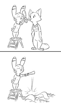 ambiguous_gender anthro arm_tuft barefoot cheek_tuft clothed clothing duo ear_markings elbow_tuft eyes_closed facial_markings facial_tuft feet fur fur_markings head_markings head_tuft hitting holding_object humor lying markings motion_lines newspaper on_front overalls simple_background stepladder tuft violence white_background tggeko disney zootopia jack_savage skye_(zootopia) canid canine fox lagomorph leporid mammal rabbit 2019 black_and_white comic hi_res monochrome