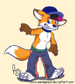 anthro barefoot black_hair bottomwear clothing collar dipstick_ears dipstick_tail ear_markings feet front_view fur glistening glistening_eyes gloves_(marking) green_eyes grin hair hat headgear headwear logo male markings multicolored_ears orange_body orange_fur pants purple_hair smile solo standing tail tail_markings text white_body white_fur young young_anthro young_male pandapaco canid canine fox mammal 2015 artist_logo full-length_portrait portrait signature url