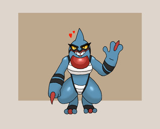anthro black_eyes blue_body breasts brown_background crouching eyelashes female front_view grey_background heart_symbol looking_at_viewer pupils simple_background slit_pupils smile solo thick_thighs wide_hips yellow_sclera squablodecomplash nintendo pokemon generation_4_pokemon pokemon_(species) toxicroak