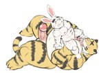 anthro balls belly big_belly big_penis bodily_fluids cum duo ejaculation erection eyes_closed genital_fluids genitals kemono lying male male/male moobjob muscular overweight overweight_male penis penis_size_difference hupi1008 felid lagomorph leporid mammal pantherine rabbit tiger 2023