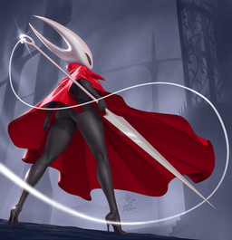 2_horns anthro biped black_body black_eyes butt cloak clothing female footwear glistening glistening_body high_heeled_feet high_heels holding_melee_weapon holding_object holding_weapon horn melee_weapon nail_(weapon) red_cloak red_clothing shoes solo standing thread weapon pakwan008 hollow_knight_(franchise) team_cherry hornet_(hollow_knight) arachnid arthropod spider 2025 hi_res
