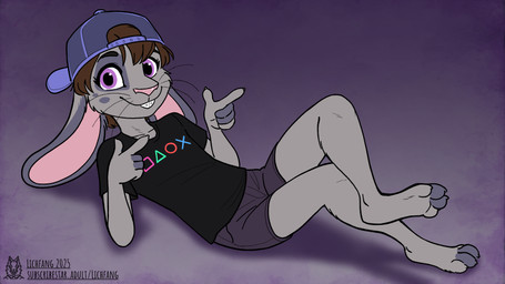 4_toes anthro armor backwards_baseball_cap backwards_hat barefoot baseball_cap bottomwear bracers buckteeth claws clothing countershade_toes countershading feet female finger_claws finger_gun fur gesture hand_gesture hat headgear headwear looking_at_viewer lying on_back paws plantigrade playstation_button_symbol playstation_shirt shirt shorts smile smiling_at_viewer soles solo teeth toe_claws toes topwear whiskers lichfang playstation sony_corporation sony_interactive_entertainment sid_(marcushunter) lagomorph leporid mammal rabbit 2025 signature