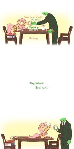 chair clothed clothing cutie_mark dialogue dinner drinking duo feathered_wings feathers female feral food furniture glass green_body green_skin hair heart_symbol male pink_hair sitting size_difference suit table text wings raridashdoodles friendship_is_magic hasbro my_little_pony mythology anon fluttershy_(mlp) equid equine human mammal mythological_creature mythological_equine pegasus 2016 absurd_res comic english_text hi_res