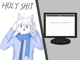 anthro blue_clothing blue_scarf blue_topwear claws clothing computer electronics fur grey_eyes hand_on_head kemono male open_mouth profanity scarf shocked solo text topwear white_body white_fur lokaner domestic_cat felid feline felis mammal 4:3 chinese_text english_text