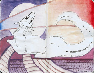 2_horns abstract_background ambiguous_gender feral fur fur_markings horn looking_at_viewer looking_back looking_back_at_viewer looking_over_back lying markings on_front white_body white_fur shufflefur mythology shuff_(shufflefur) dragon mythological_creature mythological_scalie scalie wingless_dragon absurd_res dated hi_res painting_(artwork) traditional_media_(artwork) traditional_painting_(artwork) traditional_watercolor_(artwork) watercolor_(artwork)