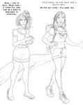 anthro bottomwear breasts clothed clothing dialogue duo female footwear human_only midriff navel not_furry outside shoes shorts text arania the_cabin_in_the_woods_(arania) eveleen_(tcitw) suki_(tcitw) human mammal 2023 english_text hi_res monochrome