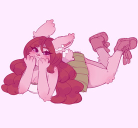 4_fingers anthro arm_support arm_tuft arms_bent bangs bent_legs blue_eyes blush blush_lines bottomwear breasts cleavage closed_smile clothed clothed_anthro clothed_female clothing ear_tuft elbow_tuft eye_through_hair eyebrow_through_hair eyebrows eyelashes eyelashes_through_hair female female_anthro fingers footwear fully_clothed fully_clothed_anthro fully_clothed_female fur green_bottomwear green_clothing green_skirt hair heart_symbol inner_ear_fluff knee_tuft leaning_on_elbow leg_tuft long_ears long_hair looking_at_viewer lying mouth_closed on_front pink_body pink_clothing pink_footwear pink_fur pink_nose pink_shoes pink_tail red_eyebrows red_hair scut_tail shirt shoelaces shoes short_tail simple_background skirt smile smiling_at_viewer solo tail text thick_thighs topwear translucent translucent_hair tuft two_tone_tail wavy_hair white_background white_clothing white_inner_ear_fluff white_shirt white_topwear suzeart lollipop_bunny_(suzeart) lagomorph leporid mammal rabbit 2025 artist_name colored digital_drawing_(artwork) digital_media_(artwork) english_description full-length_portrait hi_res portrait shaded