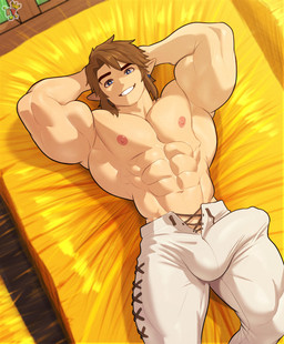 abs brown_hair bulge clothed clothing eyebrows hair humanoid_pointy_ears male muscular muscular_humanoid muscular_male not_furry pecs pointy_ears smile solo topless topless_humanoid topless_male kingdomvelvet nintendo the_legend_of_zelda link humanoid hylian absurd_res hi_res
