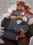 accessory anthro armor blush duo eyebrows fur headband hug male male/male markings romantic romantic_couple spots spotted_body spotted_fur thick_eyebrows 7575el anothereidos_of_dragon_vein_r chabeau lyon_(anothereidos_r) canid canine canis hyena mammal wolf hi_res