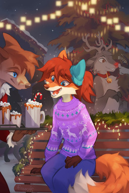 anthro antlers bell bell_collar bench beverage blue_eyes boop candy candy_cane cheek_tuft clothed clothing collar container cup dessert detailed_background facial_tuft food fully_clothed fur group horn lights mug open_mouth open_smile orange_body orange_fur outside sitting smile tuft reysi canid canine deer fox mammal new_world_deer reindeer 2023 2:3 digital_media_(artwork) hi_res signature