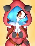 big_breasts blue_hair breasts cleavage clothed clothing female hair hoodie not_furry orange_eyes outline simple_background solo topwear yellow_background fullmetalpikmin nintendo pokemon team_magma fan_character gehenna gardevoir generation_3_pokemon pokemon_(species) shiny_pokemon 2019 absurd_res hi_res