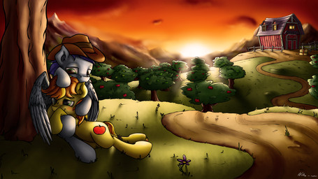 barn blue_body blue_feathers blue_hair blush clothing cowboy_hat duo ear_nibble feathered_wings feathers feral flower fur grass hair hat headgear headwear hug male multicolored_hair nude orange_hair outside plant smile sunset tree two_tone_hair wings yellow_body yellow_fur neko-me friendship_is_magic hasbro my_little_pony mythology braeburn_(mlp) soarin_(mlp) wonderbolts_(mlp) earth_pony equid equine horse mammal mythological_creature mythological_equine pegasus pony 16:9 2014 4k absurd_res hi_res widescreen