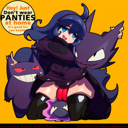 accessory ahoge big_breasts big_tongue black_clothing black_eyes black_legwear black_stockings blue_eyes blue_hair breast_grab breasts clothed clothing clothing_lift dress dress_lift female floating_hands front_view group hair hair_accessory hairband hand_on_breast kneeling legwear long_hair navel_outline obscured_oral open_mouth pupils purple_body purple_clothing purple_dress red_sclera red_tongue simple_background slit_pupils smile spiral spiral_eyes squish stockings text thick_thighs thigh_squish tongue tongue_out wide_hips yellow_background nerfechi nintendo pokemon hex_maniac gastly generation_1_pokemon gengar ghost haunter human mammal pokemon_(species) spirit 1:1 digital_media_(artwork) english_text hi_res