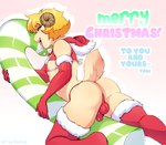 2_horns 5_fingers anthro armwear balls balls_outline big_butt blonde_hair bra bulge butt candy candy_cane christmas_clothing christmas_headwear clothing curled_horn dessert detailed_bulge elbow_gloves femboy fingers food genital_outline genitals gloves hair handwear hat headgear headwear holding_object holidays horn looking_at_viewer looking_back male panties penis penis_outline pink_nose red_balls red_bra red_clothing red_gloves red_handwear red_panties red_underwear santa_hat small_balls small_penis smile solo thick_thighs tongue tongue_out underwear white_bra white_clothing white_underwear tokifuji christmas keiran_tracey bovid caprine goat mammal 2024