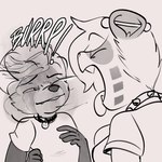 anthro biped burp_cloud burping burping_in_face clothed clothing collar duo ear_piercing female femboy hair male onomatopoeia open_mouth piercing simple_background sound_effects text white_background squealydealy breb_(tsavo) emmy_dook ailurid mammal red_panda 1:1 digital_media_(artwork) monochrome