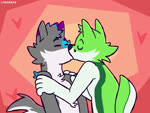 anthro black_nose blue_body blue_fur blue_nose duo eyes_closed facial_markings fur green_body green_fur hair head_markings heart_symbol kiss_on_lips kissing kissing_cheek kissing_chest male male/male markings purple_body purple_fur simple_background smile smooch_(sound_effect) smothering text white_body white_fur croquiek sound_warning fidget_the_fox kyro_the_husky canid canine canis domestic_dog fox husky mammal nordic_sled_dog spitz animated digital_media_(artwork) sound webm