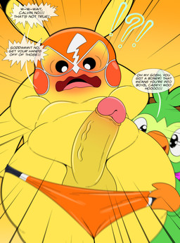 anthro assisted_exposure balls biped blush clothed clothing clothing_pull cosplay_pikachu_(costume) dialogue duo embarrassed erection genitals glans looking_down low-angle_view male overweight overweight_male panties pantsing panty_pull partially_clothed penis revealing_penis shocked thick_thighs underwear underwear_down underwear_pull vein veiny_penis yellow_body tepigfan101 nintendo pokemon pokemon_mystery_dungeon spike_chunsoft calvin_(tepigfan101) casey_(tepigfan101) pikachu_libre generation_1_pokemon generation_8_pokemon grookey pikachu pokemon_(species) absurd_res hi_res