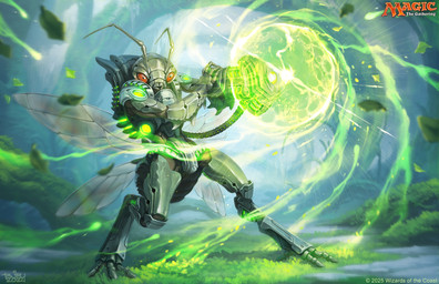ambiguous_gender antennae_(anatomy) anthro armor exoskeleton grass green_body green_exoskeleton gun holding_gun holding_object holding_ranged_weapon holding_weapon insect_wings machine outside plant power_armor ranged_weapon science_fiction solo standing text weapon wings brian_valeza hasbro magic:_the_gathering wizards_of_the_coast arthropod grasshopper insect orthopterid 2025 digital_media_(artwork) english_text hi_res official_art