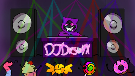 anthro candy cupcake dessert disco doughnut feral food group gummy_(food) gummy_worm lollipop male neon_lights party pastry pink_frosted_sprinkled_doughnut solo speaker chefrens dieswyx_(character) felid feline mammal 16:9 cover_art hi_res widescreen
