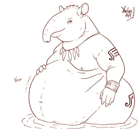 anthro belly big_belly hand_on_belly male navel overweight partially_submerged proboscis_(anatomy) simple_background solo tattoo text trunk_(anatomy) white_background yauhasart mammal proboscidean tapir 2025 english_text hi_res sketch watermark