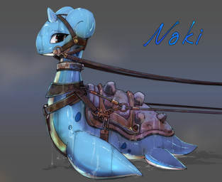 ambiguous_gender belt blue_body blue_markings bodily_fluids bridle brown_eyes chain countershading cum cum_on_body cum_on_face cum_on_fin feral fin flippers genital_fluids gradient_background grey_shell harness horn leash looking_at_viewer markings muzzle_(object) on_ground saddle screw shell side_view simple_background solo text wet wet_body white_body fadingsky nintendo pokemon naki_(fadingsky) generation_1_pokemon lapras pokemon_(species) absurd_res english_text hi_res