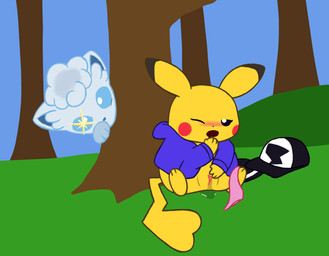 black_eyes blue_eyes blush bodily_fluids bottomwear clothed clothing duo female female/female feral genital_fluids genitals glistening glistening_eyes grass hat headgear headwear jacket masturbation narrowed_eyes one_eye_closed open_mouth outside panties pants partially_clothed peeking_around_corner plant raised_arm sitting sitting_on_ground spread_legs spreading sweatpants tail topwear tree underwear vaginal_fluids vulva lily_of_the_valley_(artist) nintendo pokemon alolan_form alolan_vulpix generation_1_pokemon generation_7_pokemon pikachu pokemon_(species) regional_form_(pokemon)
