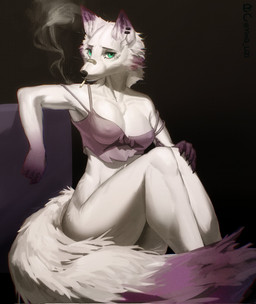 anthro bandage bandage_on_face bandage_on_nose bandage_on_snout bent_legs biped black_nose bottomless breasts butt cigarette cigarette_in_mouth claws clothed clothing dipstick_ears dipstick_tail ear_markings ear_piercing eyebrows facial_piercing female fluffy fluffy_tail fur gloves_(marking) green_eyes hand_on_knee hand_on_leg inner_ear_fluff looking_at_viewer markings medium_breasts multicolored_ears naturally_censored negligee nipple_tuft object_in_mouth piercing sitting smoke smoking smoking_cigarette solo tail tail_markings topwear topwear_only translucent translucent_clothing tuft white_body white_fur yinglizi canid canine fox mammal 2025 digital_media_(artwork) digital_painting_(artwork) hi_res painting_(artwork)