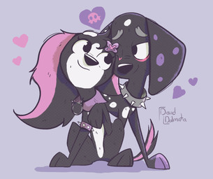 black_body black_fur black_nose collar countershade_face countershading duo ear_tuft female feral floppy_ears fur heart_symbol male pink_body pink_fur purple_collar purple_paws purple_spots spiked_collar spikes spots toony tuft white_body white_chest white_fur white_spots dauddalmata 101_dalmatian_street 101_dalmatians disney dante_(101_dalmatians) elvira_(cartooncross) fan_character canid canine canis dalmatian domestic_dog mammal mixed_breed