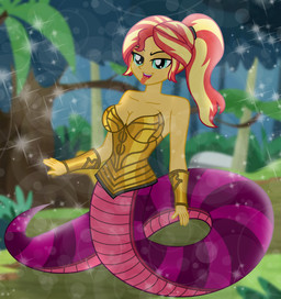 alternate_species apode big_breasts breasts cleavage clothed clothing female hair legless ponytail serpentine solo split_form tongue tongue_out emeraldblast63 equestria_girls hasbro my_little_pony sunset_shimmer_(eg) draconcopode humanoid lamia reptile scalie snake hi_res