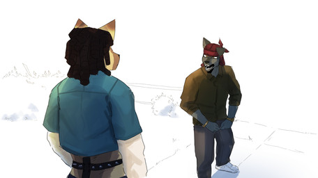 anthro black_coded bottomwear clothing duo durag fangs floppy_ears footwear male male/male outside pants shirt shoes simple_background teeth topwear goonie-san grand_theft_auto grand_theft_auto_v rockstar_games devin_(yungyiff) goon_(goonie_san) canid canine canis domestic_dog german_shepherd herding_dog mammal pastoral_dog absurd_res hi_res meme