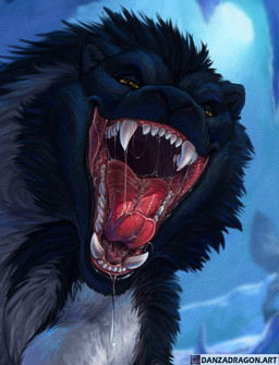 bedroom_eyes black_body black_fur bodily_fluids brown_eyes cheek_tuft countershading curled_tongue detailed_mouth dripping dripping_wet drooling drooling_tongue evil_face evil_look facial_tuft fangs fangs_bared fluffy fluffy_ears fur grin gullet gums imminent_vore looking_at_viewer looking_down mouth_shot narrowed_eyes neck_tuft open_mouth open_smile saliva saliva_on_tongue saliva_string seductive smile solo teeth text throat tongue tuft wet white_body white_countershading conditional_dnp danza patreon canid mammal monster wulg hi_res url