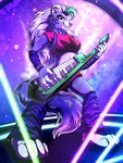 2022 3:4 absurd_res anthro bottomwear canid canine canis clothing collar female five_nights_at_freddy's five_nights_at_freddy's:_security_breach hi_res keyboard_instrument keytar lupiarts mammal musical_instrument plantigrade playing roxanne_wolf scottgames shorts solo spiked_collar spikes stage steel_wool_studios wolf