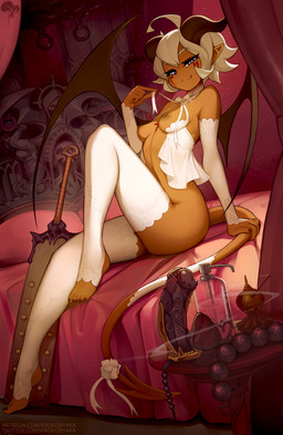 amazing_background armwear bed bedroom_eyes breasts clothing dark_body dark_skin demonic detailed_background dildo elbow_gloves feet female footwear furniture gloves hair half-closed_eyes handwear horn humanoid_feet legwear lingerie melee_weapon mostly_nude narrowed_eyes plantigrade seductive sex_toy slim small_breasts small_waist smile socks solo stockings sword thigh_highs toeless_footwear toeless_socks toy_selection weapon white_armwear white_clothing white_elbow_gloves white_gloves white_hair white_handwear white_legwear white_lingerie white_stockings white_thigh_highs krokobyaka animal_humanoid demon humanoid lizard lizard_humanoid reptile reptile_humanoid scalie scalie_humanoid detailed hi_res