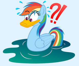 after_transformation alternate_species beak blue_body blue_feathers feathered_wings feathers female feral hair interrobang multicolored_hair rainbow_hair solo water wings steam-loco friendship_is_magic hasbro my_little_pony rainbow_dash_(mlp) anatid anseriform avian bird duck absurd_res hi_res