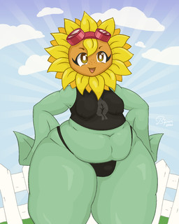 belly big_belly big_butt big_eyes bikini bikini_bottom breasts brown_eyes butt clothed clothing cloud deep_navel eyelashes eyewear eyewear_on_head fat_rolls female fence flower freckled_face freckles fupa glistening glistening_body glowing goggles goggles_on_head grass green_body hands_on_hips happy hero heroic_pose huge_butt leaf leaf_arms leaf_symbol light light_beam medium_breasts navel nipple_outline open_mouth open_smile outside overweight overweight_female partially_clothed petal_hair petals plant print_clothing print_topwear pupils shirt sky small_eyebrows smile solo sunbeam sunflower sunlight sunny swimwear tank_top thick_eyelashes thick_thighs tight_clothing tight_topwear topwear two-piece_swimsuit underwear white_pupils bipan electronic_arts plants_vs._zombies plants_vs._zombies_heroes popcap_games solar_flare_(pvz) elemental_creature flora_fauna flower_creature humanoid sunflower_(pvz) 2026 4:5 digital_drawing_(artwork) digital_media_(artwork) hi_res