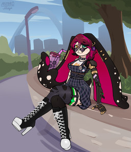 anthro breasts clothing collar day eyewear female footwear glasses hair heterochromia high_heels lamp looking_at_viewer outside overalls prehensile_ears prosthetic prosthetic_arm prosthetic_limb red_hair shoes sitting smile solo spiked_collar spikes street_lamp tail anthromage mini_(minislash) lagomorph leporid mammal rabbit 2026 absurd_res digital_media_(artwork) hi_res