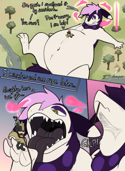 ambiguous_gender anthro anthro_pred anthro_prey belly big_belly black_internal black_tongue claws dialogue duo dynamax dynamax_clouds ear_piercing ear_ring emphatic_sound_effects extreme_size_difference eyeshadow fur gulp_(sound_effect) hair highlights_(coloring) larger_pred macro makeup nature navel neck_bulge open_mouth oral_vore outside paws pear-shaped_figure piercing pink_hair plant professional_prey purple_eyeshadow purple_highlights ring_piercing river rope sharp_teeth sitting_on_another sitting_on_belly size_difference soft_vore swallowing swallowing_sound_effect tail tan_body tan_fur teeth tongue tree uvula vore vore_tether wide_hips willing_prey yellow_body yellow_eyes yellow_fur amper arkailart nintendo pokemon arkail_(randomlucario) generation_4_pokemon generation_8_pokemon hisuian_form hisuian_typhlosion lucario pokemon_(species) regional_form_(pokemon) comic digital_drawing_(artwork) digital_media_(artwork) hi_res signature watermark