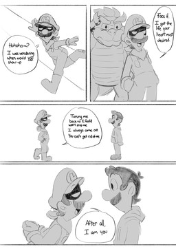 3_fingers 4_panel_comic anthro armband arms_bent black_collar black_eyebrows black_eyes black_facial_hair black_mustache boots bracelet closed_frown clothed clothed_human clothed_male clothing collar collar_only curved_horn dialogue empty_eyes eyebrow_through_hat eyebrows facial_hair featureless_crotch fingers footwear frown frowning_at_another fully_clothed fully_clothed_human fully_clothed_male gloves grey_body grey_boots grey_clothing grey_eyebrows grey_footwear grey_gloves grey_hair grey_handwear grey_hat grey_headwear grey_hoodie grey_kerchief grey_neckerchief grey_overalls grey_scales grey_sclera grey_shirt grey_skin grey_spikes grey_tail grey_tongue grey_topwear group hair hands_in_both_pockets handwear hat headgear headwear hoodie horn jewelry kerchief king larger_anthro larger_male laugh leaning leaning_forward looking_at_another male male_anthro male_human mouth_closed mustache name_in_dialogue neckerchief neckwear not_furry_focus nude nude_anthro nude_male open_mouth open_smile overalls question_mark royalty running scales shadowed_eyes shell shirt shoes short_hair simple_background size_difference smaller_human smaller_male smile speech_bubble spiked_armband spiked_bracelet spiked_collar spiked_shell spikes spikes_(anatomy) standing straight_legs tail talking_to_another text thick_eyebrows tongue topwear trio white_background cbfanart mario_bros nintendo paper_mario bowser luigi mr._l human koopa mammal scalie 2025 comic digital_drawing_(artwork) digital_media_(artwork) english_description english_text greyscale hi_res monochrome shaded
