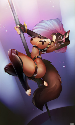anthro breasts brown_body brown_fur brown_tail chest_tuft dancing ear_piercing facial_piercing female fur hair nipple_tape nose_piercing pasties piercing pink_hair pole pole_dancing septum_piercing solo stripper_pole tail tape tuft spirale mammal 2022 digital_drawing_(artwork) digital_media_(artwork) hi_res
