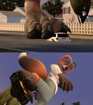 anthro car destruction female foot_crush hair macro motor_vehicle pink_hair scientist size_difference stomping vehicle jeroen01 pawperty_damage rache_(pawperty_damage) canid canine fox mammal 3d_(artwork) digital_media_(artwork) hi_res