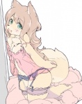 alternative_fashion anthro babydoll bed_sheet bedding big_breasts breasts brown_hair chest_tuft clothed clothing female fluffy fluffy_tail fur garter_belt garter_straps green_eyes hair j-fashion jirai_kei kneeling lace lingerie long_hair looking_at_viewer nightgown open_mouth open_smile simple_background smile solo tail tuft white_background yellow_body yellow_fur kohaku_q canid canine fox mammal