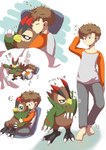 anthro beak bed bedding blanket blue_eyes brown_body brown_feathers brown_hair cuddling duo feathers furniture hair hug hugging_another hugging_from_behind male sleeping text mofumi_corvus bandai_namco digimon digimon_survive falcomon_(survive) minoru_hyuga avian bird digimon_(species) falcomon human mammal absurd_res hi_res japanese_text