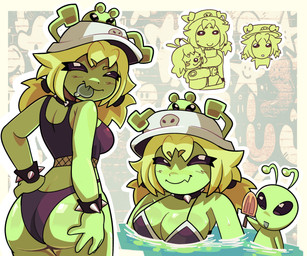 4_fingers abstract_background ambiguous_gender antennae_(anatomy) big_breasts big_head black_bikini_top black_bra black_bracelet black_clothing black_collar black_eyes black_panties black_underwear blep blush blush_stickers bodily_fluids bra bracelet breasts butt carrying_another cleavage closed_smile clothed clothing collar duo_focus empty_eyes extreme_size_difference eye_through_hair eyebrow_through_hair eyebrows eyelashes eyes_closed female female/ambiguous fingers food green_body green_hair group hair hand_on_hip happy hat headgear headwear holding_food holding_object holding_popsicle hug jewelry looking_at_viewer looking_back looking_back_at_viewer micro mouth_closed narrowed_eyes not_furry on_head open_mouth open_smile outline panties partially_submerged popsicle print_clothing print_hat print_headgear print_headwear size_difference skimpy smile spiked_bracelet spiked_collar spikes standing sweat sweatdrop tongue tongue_out translucent translucent_hair trio twintails_(hairstyle) underwear wet white_clothing white_hat white_headwear white_outline imjestergmc alien alien_humanoid humanoid roswell_grey absurd_res cel_shading digital_media_(artwork) hi_res multiple_images shaded