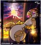 big_diaper chair diaper furniture glowing glowing_eyes hell lava looking_at_viewer male purple_eyes solo throne volcano r3drunner mythology toast_(r3drunner) animate_inanimate avian diaper_creature gryphon mythological_avian mythological_creature