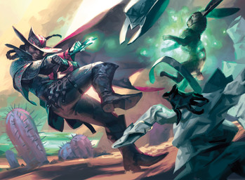 action_pose ambiguous_gender black_hair boots bottomwear braided_hair cactus clothing cowboy_hat dagger dark_body dark_skin duo female feral footwear hair hat headgear headwear jacket magic melee_weapon outside pants plant pose shoes shrinking size_difference size_transformation tail topwear transformation weapon michal_ivan hasbro magic:_the_gathering wizards_of_the_coast human lagomorph leporid mammal rabbit absurd_res hi_res official_art