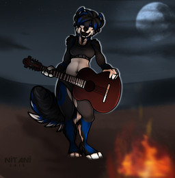 4_toes acoustic_guitar anthro beach biped blue_body blue_fur blue_hair blue_tail breasts clothed clothing cloud countershading detailed_background eyebrows eyes_closed fangs feet female fire front_view fully_clothed fur grey_body grey_fur grey_hair grey_tail grin guitar hair midriff moon multicolored_body multicolored_fur multicolored_hair multicolored_tail musical_instrument navel navel_piercing night outside piercing plucked_string_instrument sabertooth_(anatomy) sand seaside short_hair smile solo standing string_instrument tail teeth toes two_tone_hair water white_body white_fur white_tail nitani canid canine mammal digital_media_(artwork) full-length_portrait portrait shaded signature