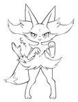 3_fingers 3_toes angry anthro cat_smile cheek_tuft claw_pose digitigrade facial_tuft featureless_crotch feet female fighting_pose fingers flat_chested inner_ear_fluff looking_at_viewer pigeon_toed pose solo style_emulation text toes tongue tongue_out tuft wide_hips box_(hajimeyou654) nintendo pokemon braixen generation_6_pokemon pokemon_(species) black_and_white japanese_text monochrome