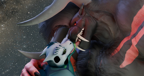 anthro black_body black_fur black_sclera claws cosmic_background duo fangs french_kissing fur green_body horn kissing male male/male mohawk red_body red_eyes red_fur sharp_teeth size_difference sky star starry_background starry_sky teeth tongue tongue_out white_body yellow_eyes sorakskullsnake sorak skullsnake_(species) hi_res
